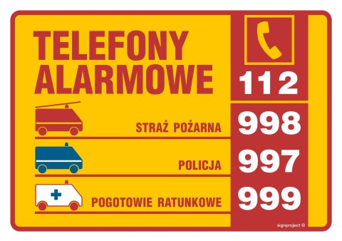 Znak DA003 Tabliczka telefonów alarmowych, 210x148 mm, FN - Folia samoprzylepna