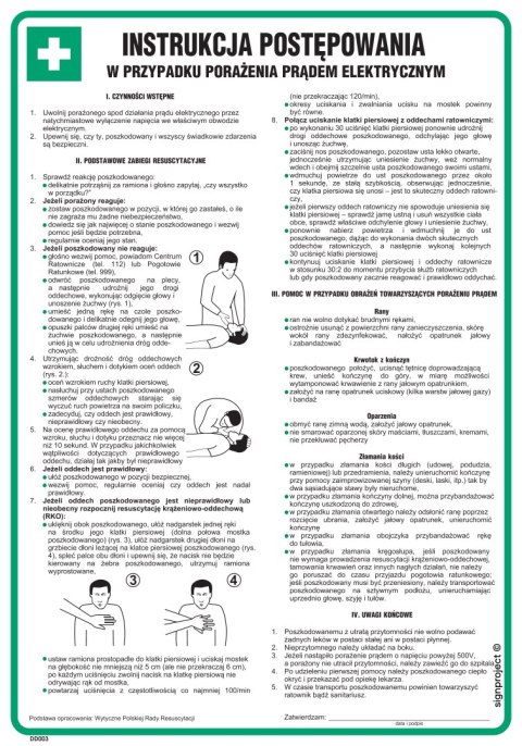 DD003 Instrukcja postępowania w wypadku porażenia prądem elektrycznym, 245x350 mm, FN - Folia samoprzylepna