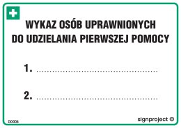 Znak DD008 Wykaz osób uprawnionych do udzielania pierwszej pomocy, 148x105 mm, FN - Folia samoprzylepna