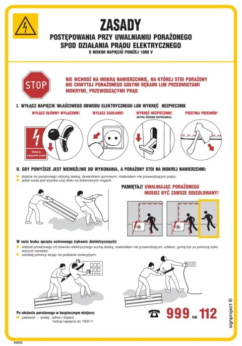 Znak DD020 Zasady postępow.przy uwalnianiu porażonego spod działania prądu elektr. o niskim napięciu poniżej 10, 245x350 mm, PN 