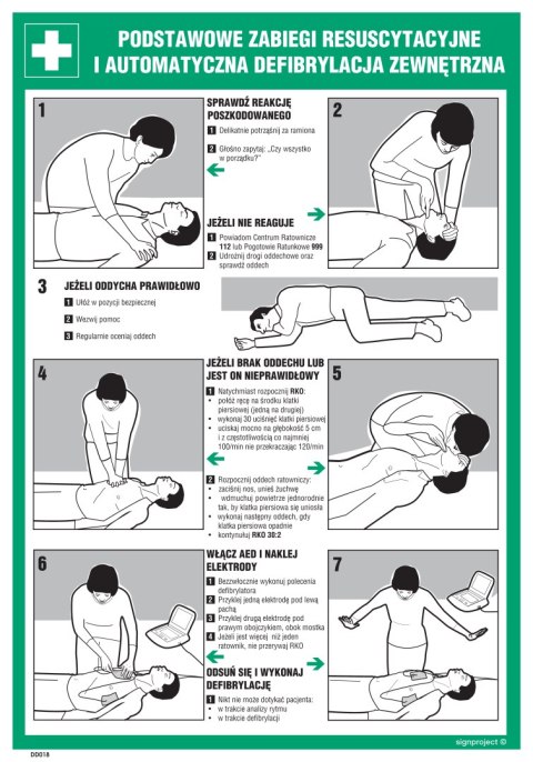 Znak DD022 Podstawowe zabiegi resuscytacyjne i automatyczna defibrylacja zewętrzna, 245x350 mm, PN - Płyta 1 mm
