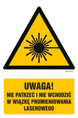 Znak GF014 Uwaga - nie patrzeć i nie wchodzić w wiązkę promieniowania laserowe, 100x150 mm, FN - Folia samoprzylepna