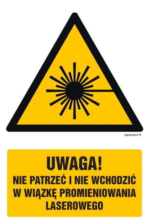 Znak GF014 Uwaga - nie patrzeć i nie wchodzić w wiązkę promieniowania laserowe, 200x300 mm, FS - Folia samoprzylepna fotolumines