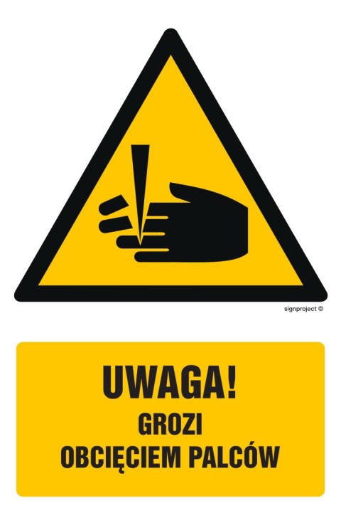 Znak GF033 Uwaga- niebezpieczeństwo obcięcia palców, 250x375 mm, PN - Płyta 1 mm