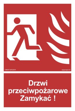 Znak BB011 Drzwi przeciwpożarowe Zamykać! Kierunek drogi ewakuacyjnej w lewo, 200x296 mm, PN - Płyta 1 mm