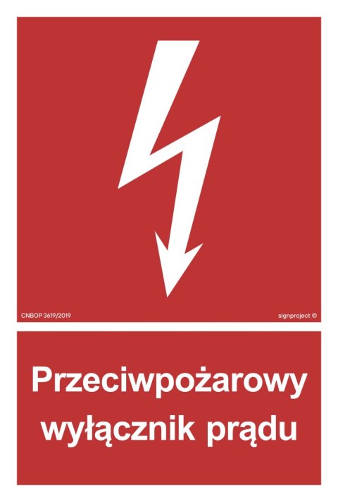 Znak BB012 Przeciwpożarowy wyłącznik prądu, 200x296 mm, PN - Płyta 1 mm