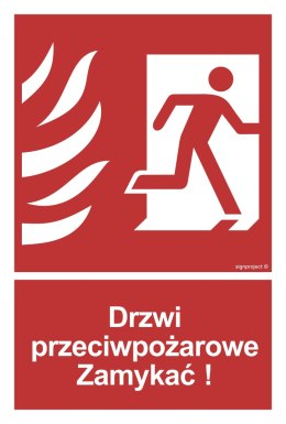 Znak BB014 Drzwi przeciwpożarowe Zamykać! Kierunek drogi ewakuacyjnej w prawo, 100x148 mm, FN - Folia samoprzylepna