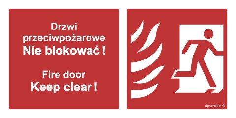 Znak BC049 Drzwi przeciwpożarowe, Nie blokować ! Fire door, Keep clear ! prawostronne, 1000x500 mm, FS - Folia samoprzylepna fot