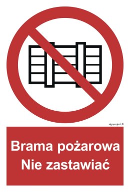 Znak BC144 Brama pożarowa. Nie zastawiać, 100x148 mm, FN - Folia samoprzylepna