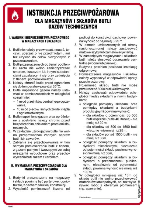 DB007 Instrukcja przeciwpożarowa dla magazynów i składów butli gazów technicznych, 245x350 mm, PN - Płyta 1 mm