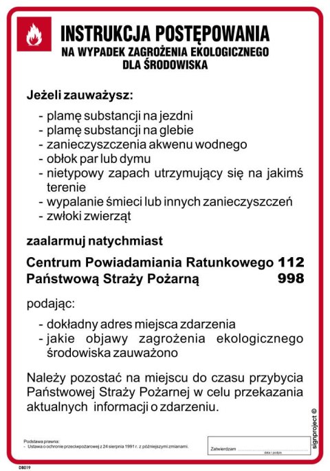 DB019 Instrukcja postępowania w razie zagrożeń ekologicznych, 245x350 mm, FN - Folia samoprzylepna