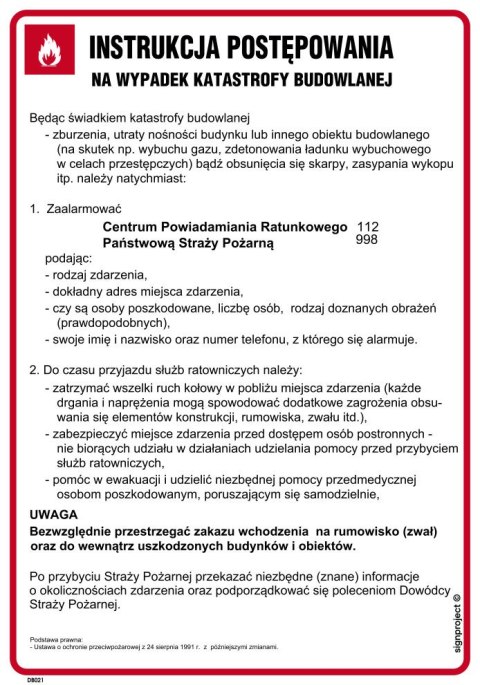 DB021 Instrukcja postępowania na wypadek katastrofy budowlanej, 245x350 mm, PN - Płyta 1 mm