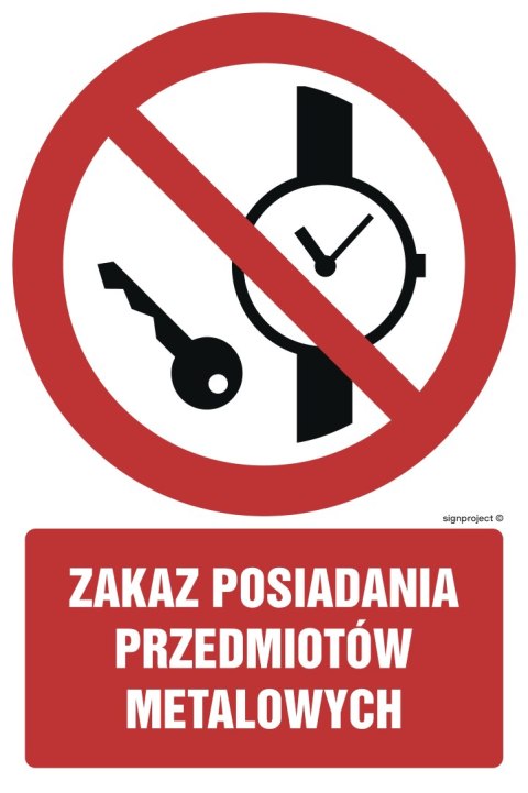 Znak GC025 Zakaz posiadania przedmiotów metalowych, 200x300 mm, PS - Płyta 1 mm fotoluminescencyjna