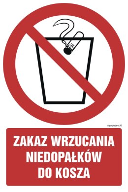 Znak GC032 Zakaz wrzucania niedopałków do kosza, 100x150 mm, FN - Folia samoprzylepna