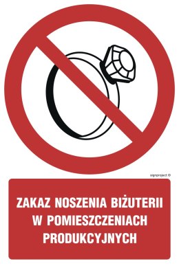 Znak GC038 Zakaz noszenia biżuterii w pomieszczeniach produkcyjnych, 200x300 mm, TS - Płyta TD fotoluminescencyjna