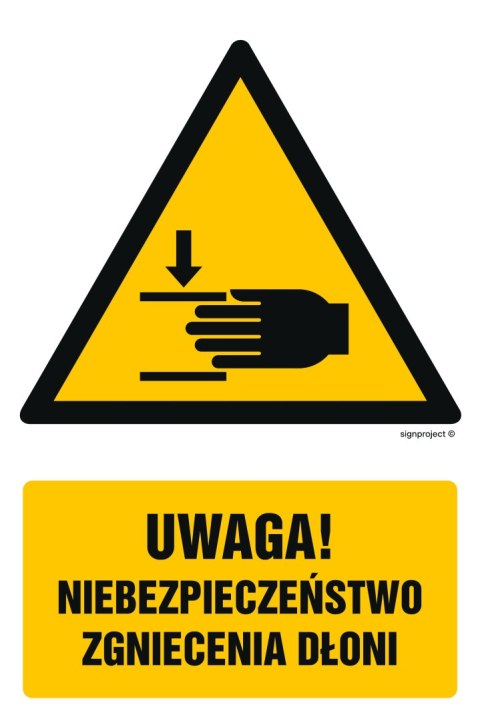 Znak GF039 Uwaga! Niebezpieczeństwo zgniecenia dłoni, 100x150 mm, TS - Płyta TD fotoluminescencyjna