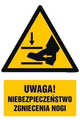 Znak GF065 Uwaga! Niebezpieczeństwo zgniecenia nogi, 100x150 mm, FS - Folia samoprzylepna fotoluminescencyjna