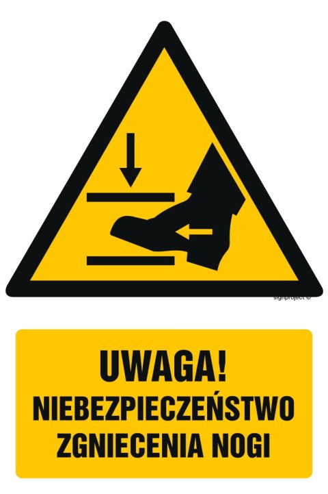 Znak GF065 Uwaga! Niebezpieczeństwo zgniecenia nogi, 100x150 mm, PS - Płyta 1 mm fotoluminescencyjna