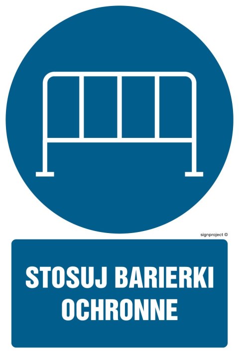 Znak GL040 Stosuj barierki ochronne - opakowanie 10 sztuk, 50x75 mm, PN - Płyta 1 mm