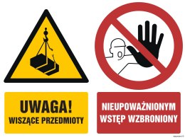 Znak GM015 Uwaga wiszące przedmioty Nieupoważnionym wstęp wzbroniony, 100x75 mm, TS - Płyta TD fotoluminescencyjna