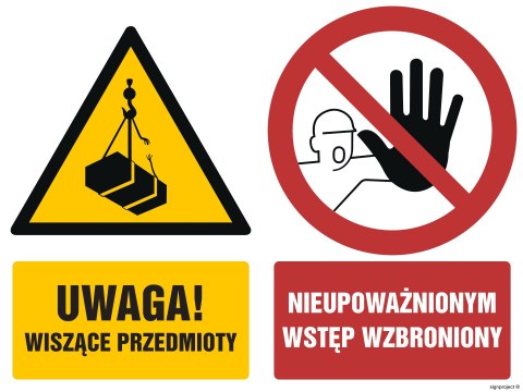 Znak GM015 Uwaga wiszące przedmioty Nieupoważnionym wstęp wzbroniony, 1000x750 mm, PS - Płyta 1 mm fotoluminescencyjna