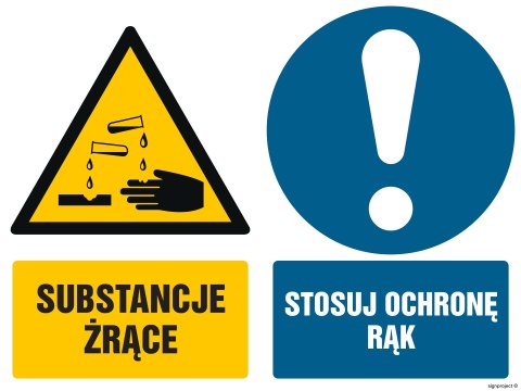 Znak GM020 Substancje żrące Stosuj ochronę rąk, 400x300 mm, FS - Folia samoprzylepna fotoluminescencyjna