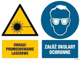 Znak GM024 Uwaga promieniowanie laserowe Załóż okulary ochronne, 100x75 mm, FN - Folia samoprzylepna