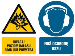 Znak GM025 Uwaga poziom hałasu 90 dB lub powyżej Ochrona uszu obowiązkowa, 100x75 mm, FS - Folia samoprzylepna fotoluminescencyj