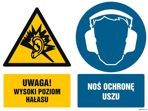 Znak GM026 Uwaga! wysoki poziom hałasu, 400x300 mm, PN - Płyta 1 mm