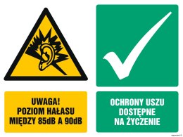 Znak GM030 Uwaga poziom hałasu między 85dB a 90dB Ochrony uszu dostępne na życzenie, 100x75 mm, PN - Płyta 1 mm