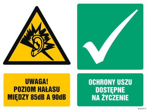 Znak GM030 Uwaga poziom hałasu między 85dB a 90dB Ochrony uszu dostępne na życzenie, 200x150 mm, FN - Folia samoprzylepna