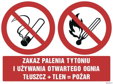 Znak GM032 Zakaz palenia tytoniu i używania otwartego ognia tłuszcz + tlen = pożar, 100x75 mm, PN - Płyta 1 mm