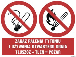 Znak GM032 Zakaz palenia tytoniu i używania otwartego ognia tłuszcz + tlen = pożar, 100x75 mm, PS - Płyta 1 mm fotoluminescencyj