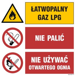 Znak GO002 Łatwopalny gaz LPG Nie palić Nie używać otwartego ognia, 150x150 mm, PN - Płyta 1 mm