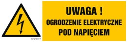 Znak HB019 Uwaga ogrodzenie elektryczne pod napięciem, 200x67 mm, FN - Folia samoprzylepna