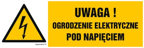 Znak HB019 Uwaga ogrodzenie elektryczne pod napięciem - arkusz 8 naklejek - arkusz 8 naklejek, 100x33 mm, FN - Folia samoprzylep