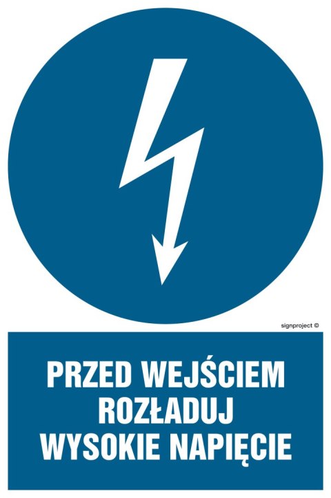 Znak HE007 Przed wejściem rozładuj wysokie napięcie, 250x375 mm, FN - Folia samoprzylepna