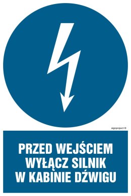 Znak HE008 Przed wejściem wyłącz silnik w kabinie dźwigu, 250x375 mm, PN - Płyta 1 mm