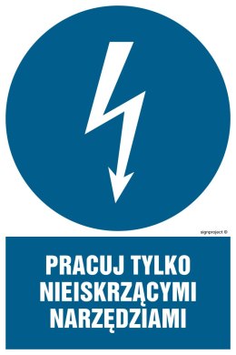 Znak HE012 Pracuj tylko nieiskrzącymi narzędziami, 250x375 mm, FN - Folia samoprzylepna