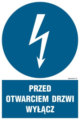 Znak HE019 Przed otwarciem drzwi wyłącz, 200x300 mm, PN - Płyta 1 mm