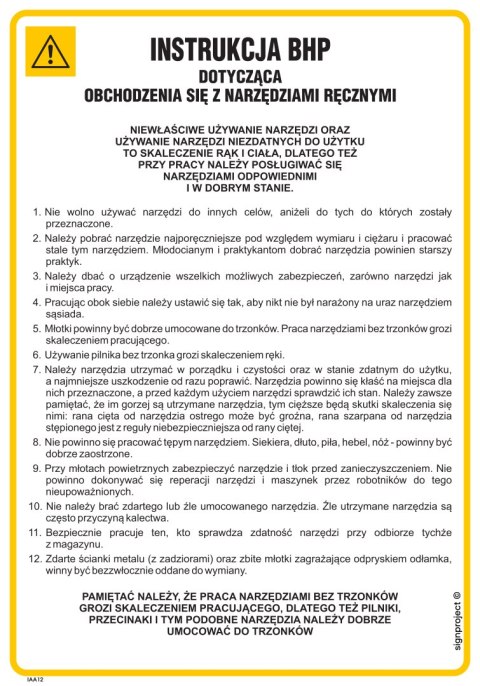 IAA12 Instrukcja BHP dotycząca obchodzenia się z narzędziami ręcznymi, 245x350 mm, PN - Płyta 1 mm