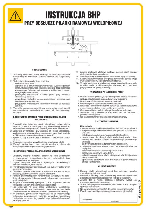 IAB07 Instrukcja BHP przy obsłudze pilarki ramowej wielopiłowej, 245x350 mm, FN - Folia samoprzylepna