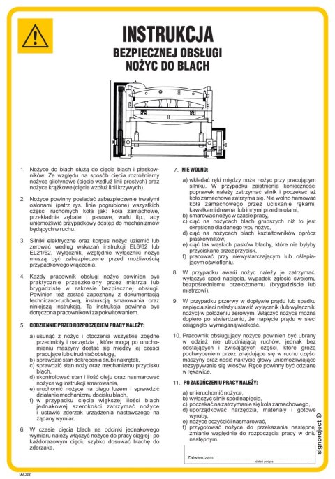 IAC02 Instrukcja bezpiecznej obsługi nożyc mechanicznych do blach, 245x350 mm, FN - Folia samoprzylepna