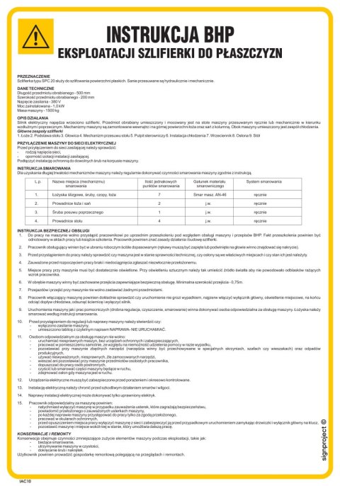 IAC10 Instrukcja BHP eksploatacji szlifierki do płaszczyzn, 245x350 mm, HN - Płyta TD-flex 0,4mm