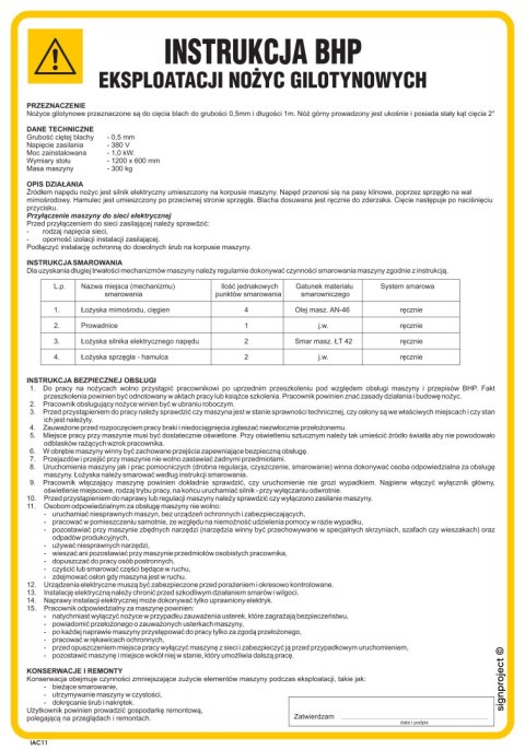 IAC11 Instrukcja BHP eksploatacji nożyc gilotynowych, 245x350 mm, PN - Płyta 1 mm