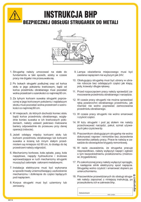 IAC14 Instrukcja BHP bezpiecznej obsługi strugarek do metali, 245x350 mm, HN - Płyta TD-flex 0,4mm