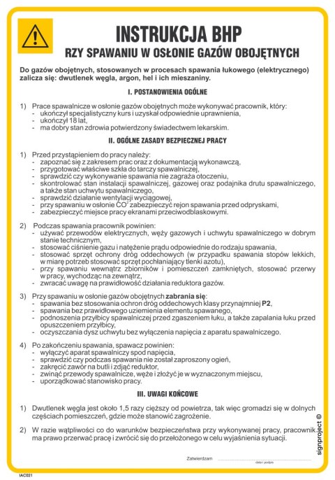 IAC21 Instrukcja BHP przy spawaniu w osłonie gazów obojętnych, 245x350 mm, FN - Folia samoprzylepna