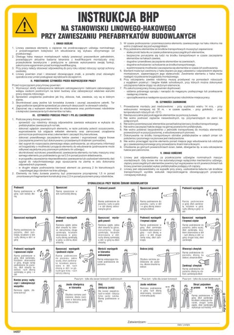 IAE08 Instrukcja BHP na stanowisku linowego-hakowego przy zawieszaniu prefabrykatów budowlanych, 245x350 mm, PN - Płyta 1 m
