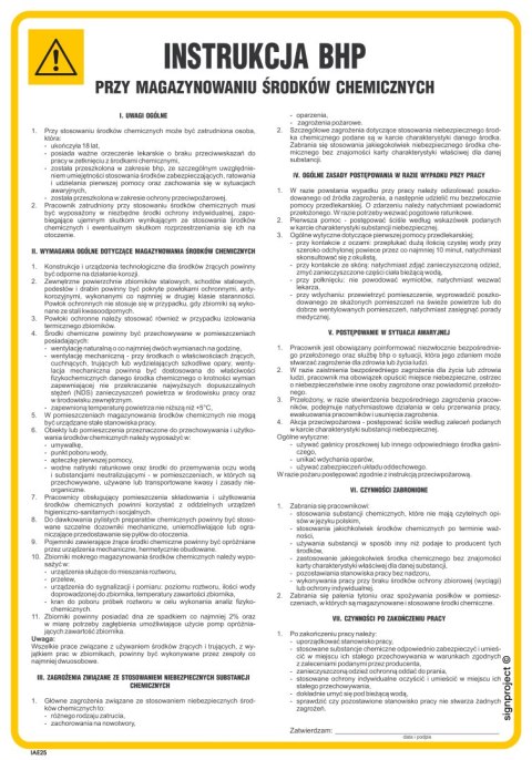 IAE25 Instrukcja BHP przy magazynowaniu środków chemicznych, 245x350 mm, FN - Folia samoprzylepna