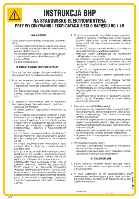 IAF12 Instrukcja BHP na stanowisku elektromontera przy wykonywaniu i eksploatacji sieci o napięciu 1 kV, 245x350 mm, HN - P